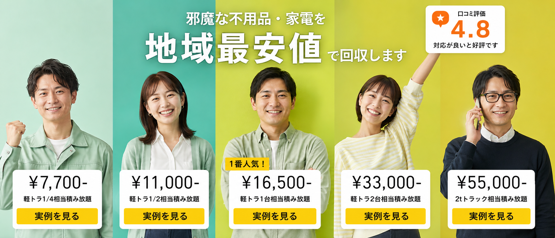 邪魔な不用品・家電を地域最安値で回収します。軽トラ1/4相当7,700円税込から2tトラック相当55,000円税込までの料金プラン